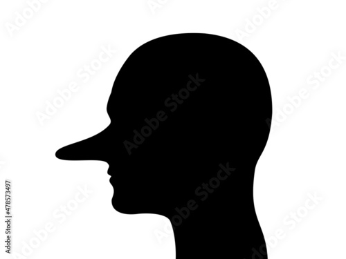 Liar - person with extended, long nose as metaphor of person who lies and tell false untruth. Head silhouette. Vector illustration isolated on white.