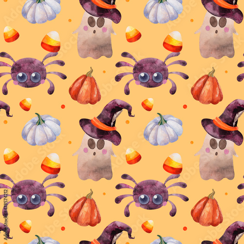 Watercolor Halloween pattern with pumpkin, cute spider, ghost and candies