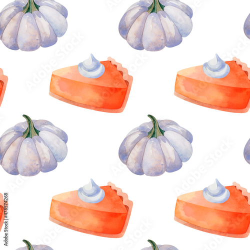 Watercolor autumn Thaksgiving pattern with pumpkin pie and pumpkin