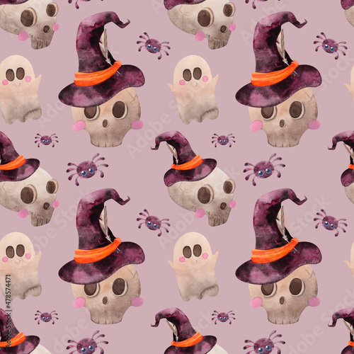 Watercolor Halloween pattern with sculls, ghost and spiders
