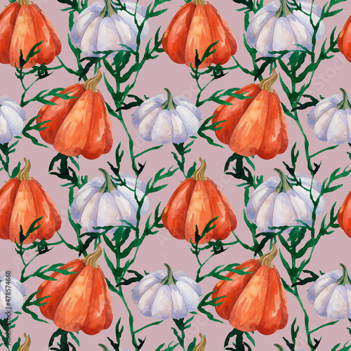 Watercolor Halloween pattern with tasty orange and blue pumpkins