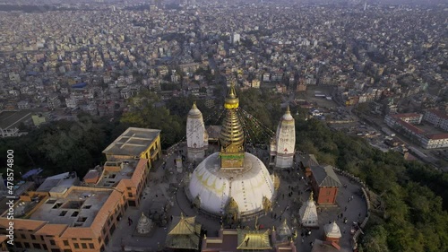 Revealing the city of Kathmandu in Nepal looking past Swayambhunath Stupa. photo