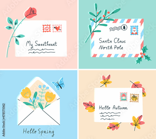 Set of four letters with seasonal greetings in modern flat style. Envelopes with colorful postage stamps, flowers and leaves. Vector illustration for Valentine's Day, Christmas, spring and autumn.