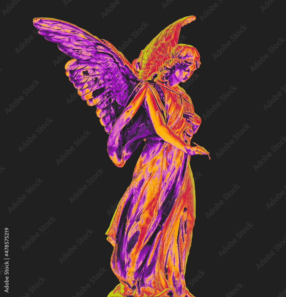 Creative holographic statue design element, psychedelic angel statue surreal poster, nft style futuristic contemporary art. Ideal for creative designs