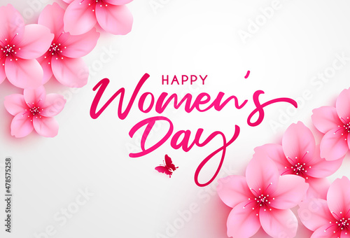 Women's day vector background design. Happy women's day typography text with pink cherry blossom flowers element in white space for female celebration greeting. Vector illustration.
