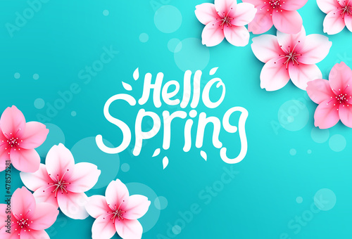 Spring cherry blossom vector background design. Hello spring greeting text with sakura flowers in blue bokeh lights background for floral bloom season celebration. Vector illustration.
