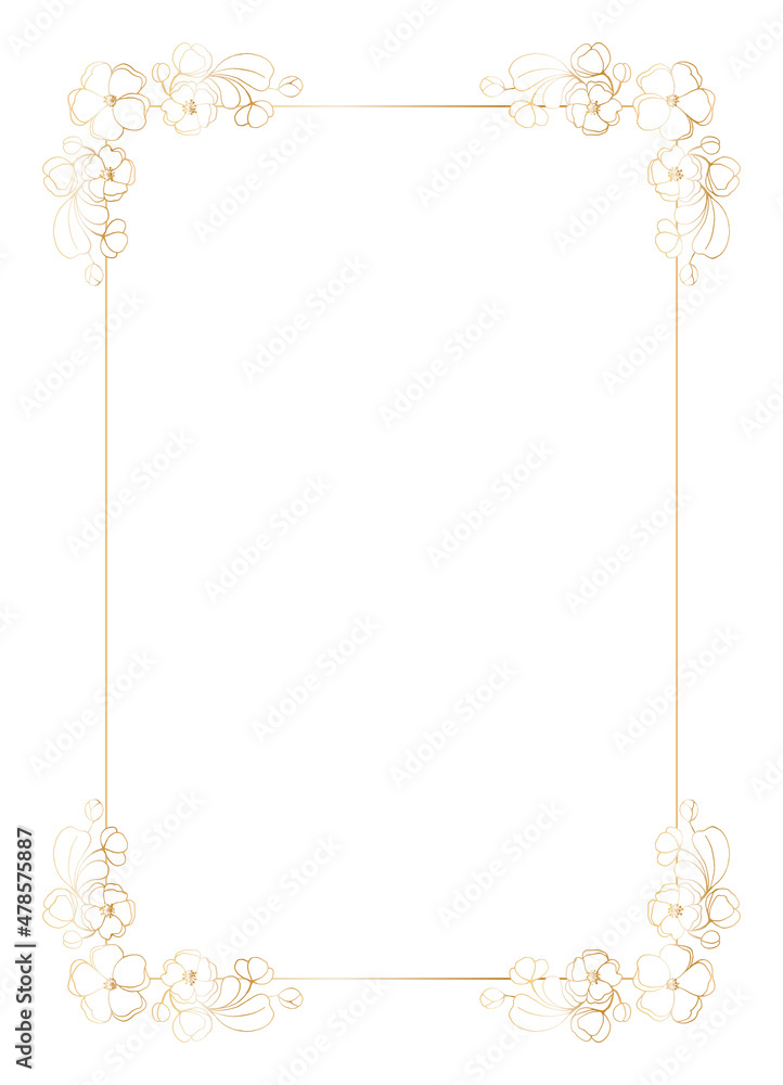 Rectangular frame-template, decorated in the corners with sakura, cherry, almond flowers. Bright shining golden gradient color on a white background. Place for your text.