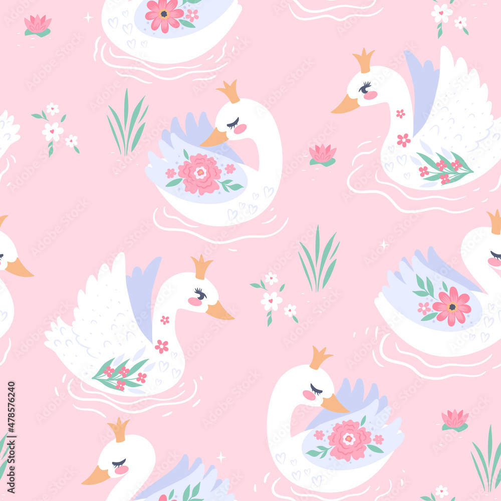 Seamless pattern with cute swans on the lake. Vector graphics. Seamless pattern with cute swans on the lake. Vector graphics.