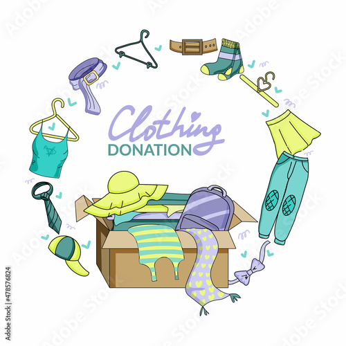 Donate clothes flat vector poster template. Banner for a used clothing store. Box of clothes. Homeless people in need of social assistance. Illustration of men's and women's clothing. Selling.