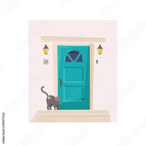 Entrance to the house. Porch and steps. A domestic cat walks along the porch. The pet wants to enter the house. The animal is calm and quite resting near the house. Flat vector illustration.