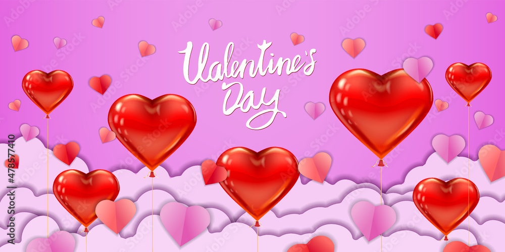 Valentine day papercut craft design horizontal banner, red pink balloon hearts and clouds. Template background for greeting card, sale, invitation, vector Valentine day papercut craft design horizontal banner, red pink balloon hearts and clouds. Template background for greeting card, sale, invitation, vector