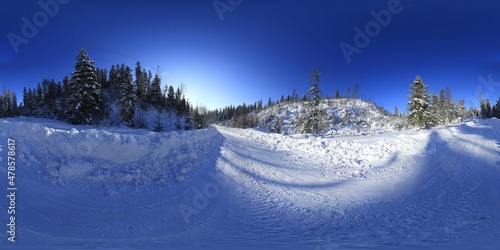 Fototapeta Naklejka Na Ścianę i Meble -  Sunny winter Landscape in the mountains 360 HDRI Panorama