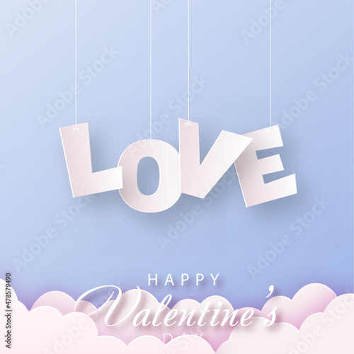 Concept of love and Valentine day with paper clouds and love text. Vector.