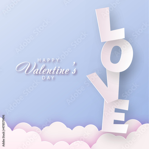 Concept of love and Valentine day with paper clouds and love text. Vector.