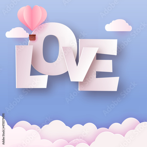 Concept of love and Valentine day with paper clouds and love text. Vector.