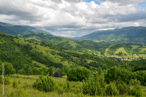 Summer mountains landscape. Hillside meadow and forest near village green grass and blue sky with clouds. Carpathians Ukraine  © Dmytro