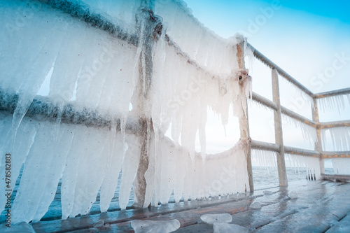 Tablou Canvas Icicles hanging on footbridge - frost, winter concept