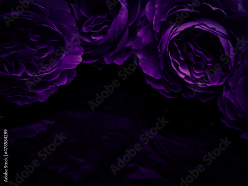 Beautiful abstract  blue and purple flowers on black background, black flower frame, dark leaves texture, purple background, purple background, flowers for Christmas and valentine celebrations