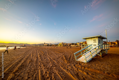 Lifeguard tower in Santa Monica beach at sunset
