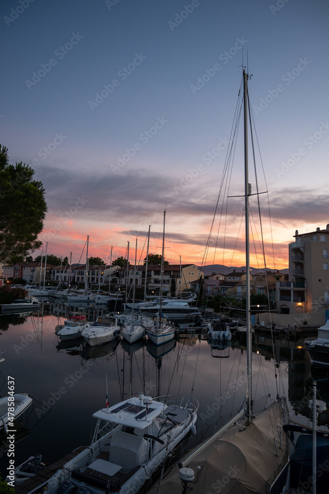View on small houses and sailboats in Port Grimaud, French Riviera, Provence, France