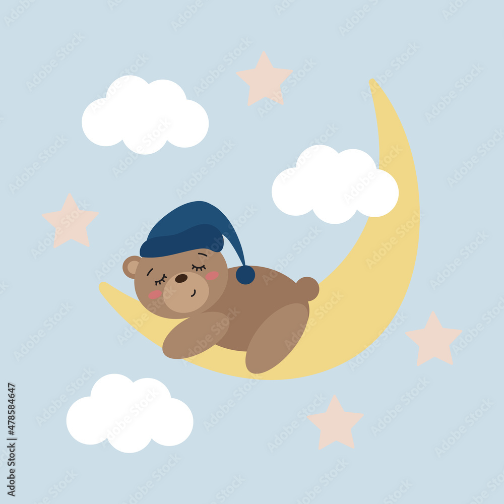 cartoon character cute teddy bear sleeps on the moon in the sky with cuts of clouds and stars. flat illustration of cute sleeping animals dreaming. vector element for children. baby sleep concept cartoon character cute teddy bear sleeps on the moon in the sky with cuts of clouds and stars. flat illustration of cute sleeping animals dreaming. vector element for children. baby sleep concept