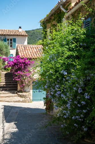 Colorful blossom of summer flowers in ancient french village Grimaud, touristic destination, Var, Provence, France