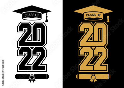 Lettering Class of 2022 for greeting, invitation card. Text for graduation design, congratulation event, T-shirt, party, high school or college graduate. Illustration, vector on transparent and black 