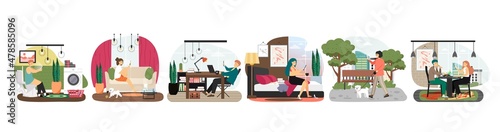 People using mobile phone at home, office, cafe, on street, Smartphone, internet, social media addiction, vector.