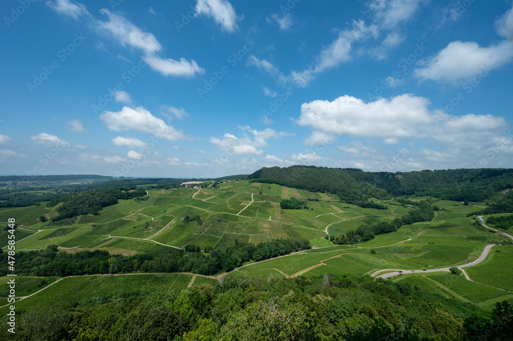 Panoramic view on green hilly vineyards near wine village Chateau-Chalon in Jura, France Panoramic view on green hilly vineyards near wine village Chateau-Chalon in Jura, France