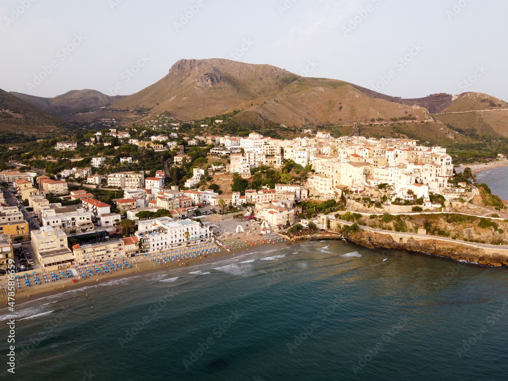 Aerial view on old and new parts of Sperlonga, ancient Italian city in province Latina on Tyrrhenian sea, tourists vacation destination