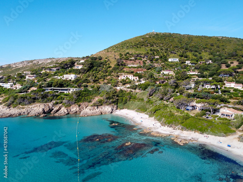 Summer holidays on French Riviera, aerial view on rocks and sandy beach Escalet near Ramatuelle and Saint-Tropez, Var, France