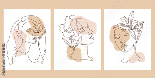 Collection of contemporary art posters with girl faces in pastel colors. Abstract geometric elements and shapes, leaves and flowers. Great design for social media, postcards, print.