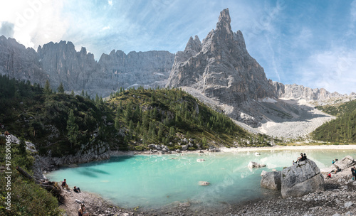 Lake Sorapiss and behind mount Sorapiss - Dolomites Veneto Italy photo