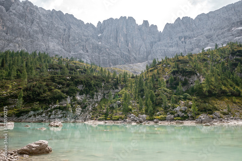 Lake Sorapiss and behind mount Sorapiss - Dolomites Veneto Italy photo