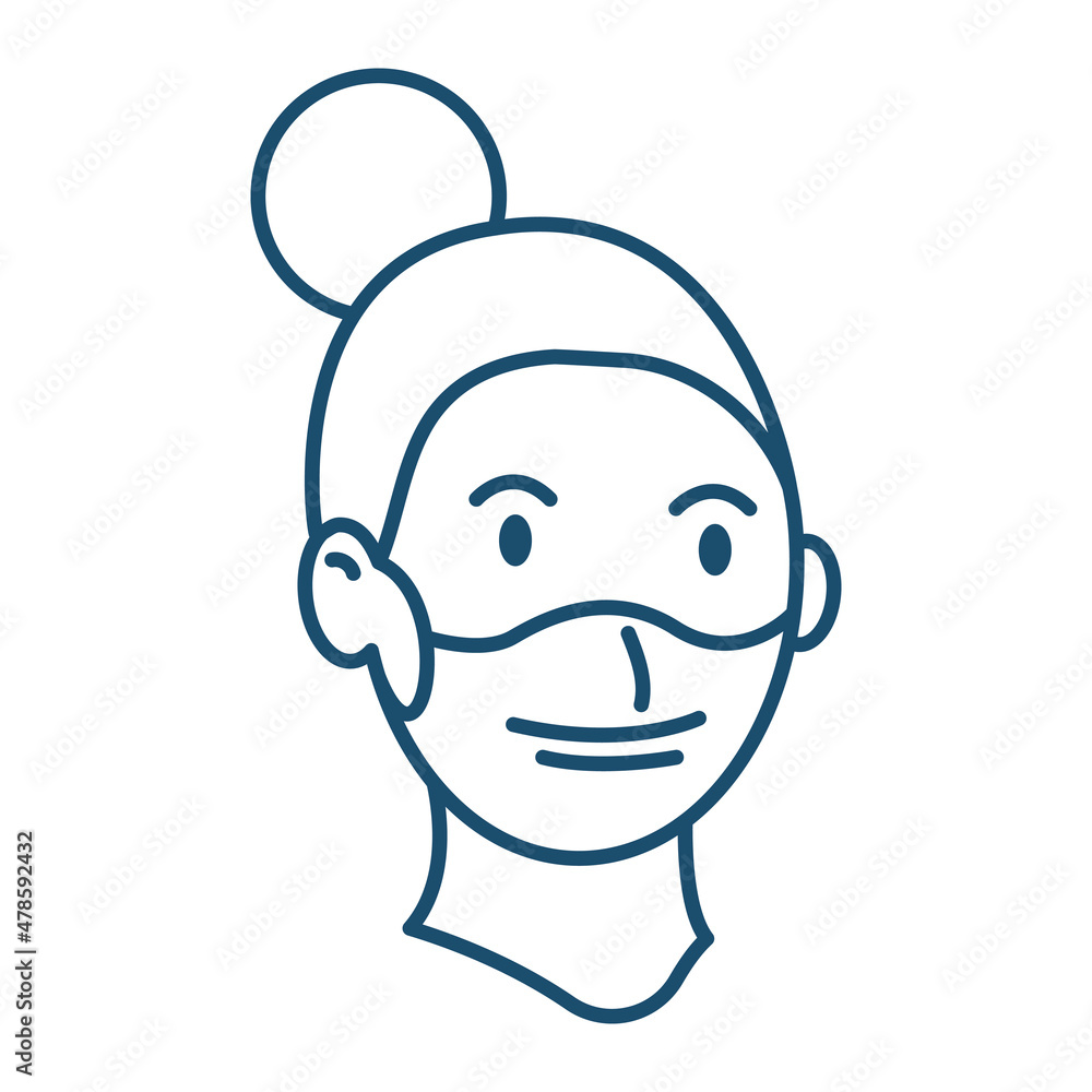 Simple blue linear icon, girl in medical mask. Isolated on white Simple blue linear icon, girl in medical mask. Isolated on white