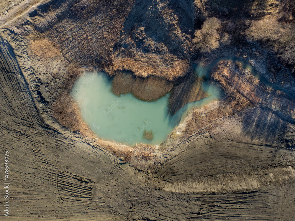 Lehmgrube mit Teich Renaturierung Tongrube Luftbild Drohnenbild