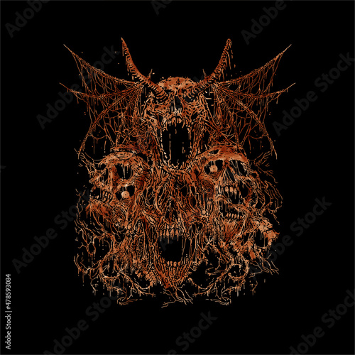 Tela skull death metal illustration. design horror, punk, grunge.