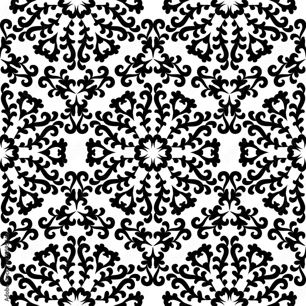 Black and white seamless floral pattern. Vintage ornament with swirls. Mandala background. For wallpaper, wrapping, textile.