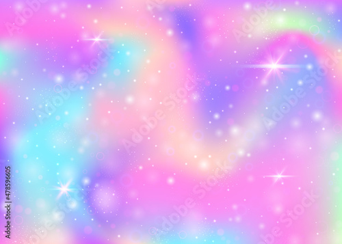 Fairy background with rainbow mesh.  Liquid universe banner in princess colors. Fantasy gradient backdrop with hologram. Holographic fairy background with magic sparkles, stars and blurs.