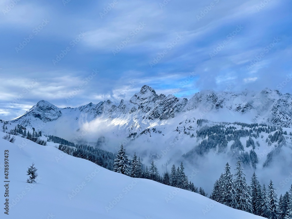 Snow capped mountain ridge with Zimba in the Austrian Alps. Montafon, Vorarlberg, Austria.