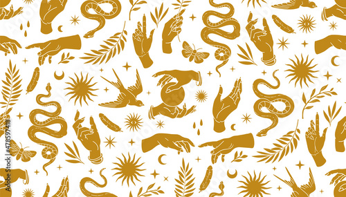 Boho mystical seamless pattern with hands, snakes, moon, sun, bird, moth in trendy bohemian celestial style.