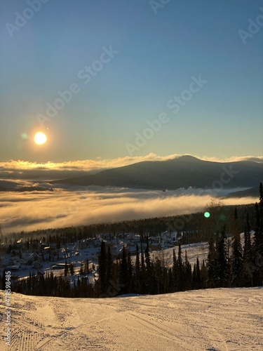 sunrise at the ski resort. High quality photo