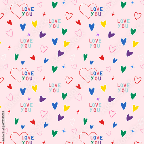 Seamless pattern Valentines Day background Heats, stars and text Love You Vector illustration