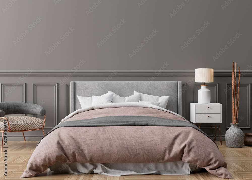 Ilustrace „Empty grey wall in modern and cozy bedroom. Mock up interior in  classic style. Free space, copy space for your picture, text, or another  design. Bed, armchair, parquet floor. 3D rendering.“ ze