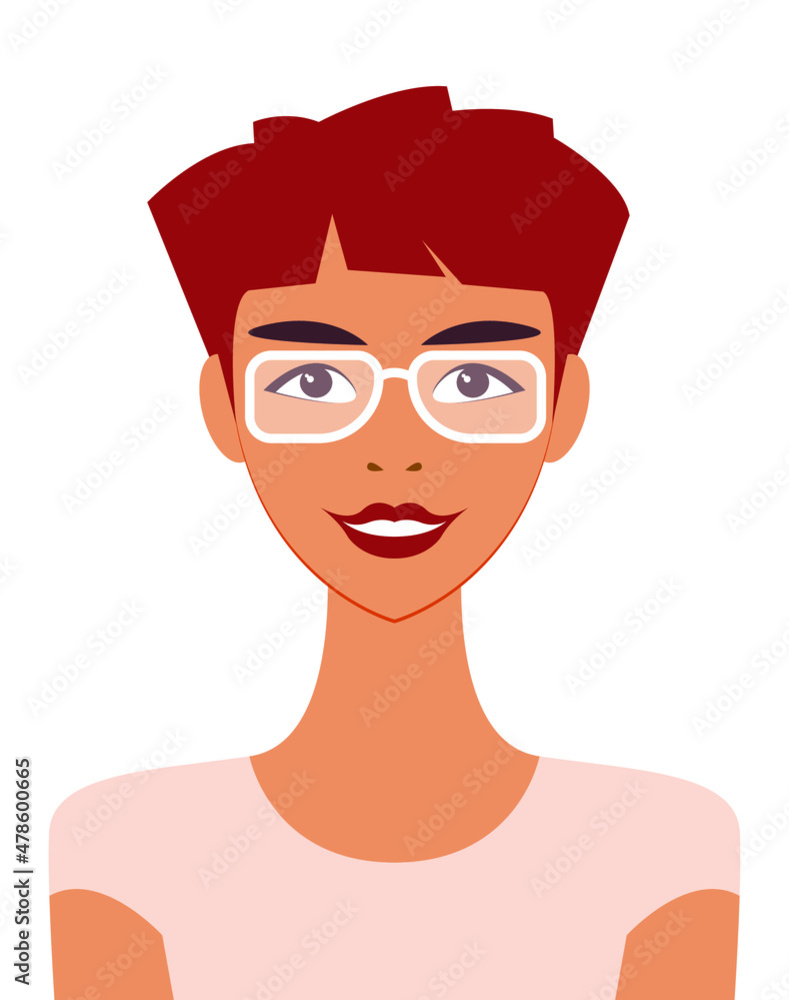 Vector graphics - avatar of a pretty young woman with stylish glasses with white frames and short red hair isolated