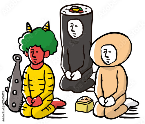 節分　座る鬼と豆と恵方巻きの着ぐるみを着た人物