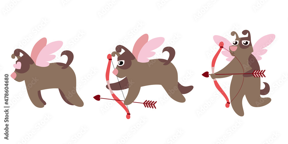 Dog cupid in different poses. Cute character in flat style