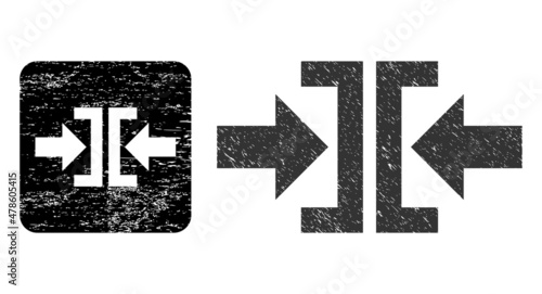 Vector press horizontal direction subtracted icon. Grunge press horizontal direction watermark, done with icon and rounded square.