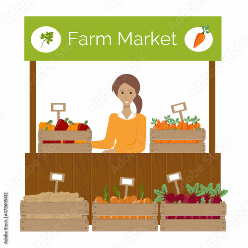 Farm market stand front, wooden box with vegetables and price tag. Young woman sells vegetables at a street stall. Vector illustration