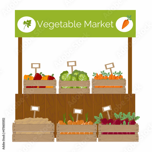 Farm market stand front, street stall with vegetables and price tag. Vector illustration